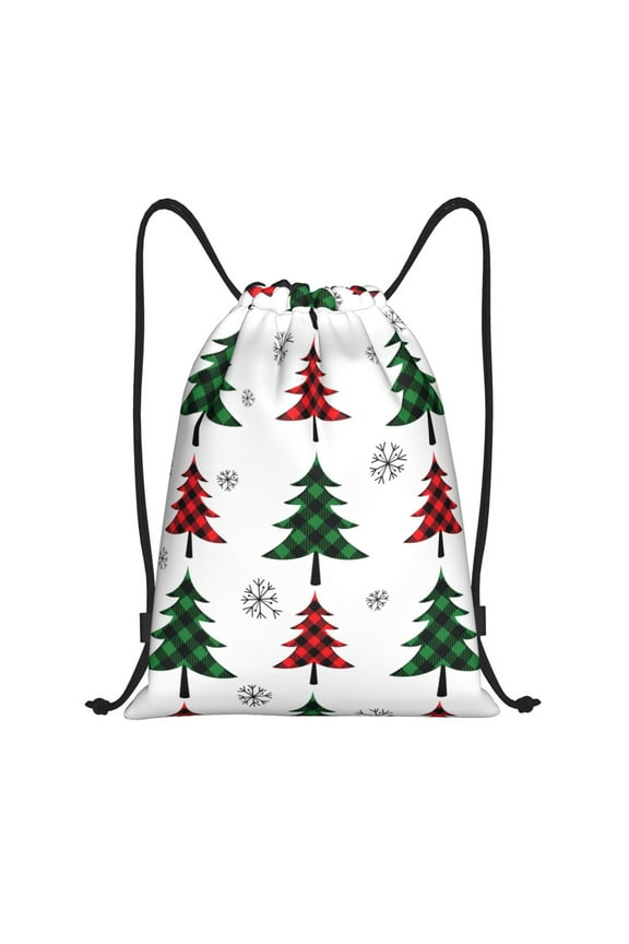 Buffalo Plaid Christmas Trees Print Drawstring Backpack,Drawstring Bags String Backpack Gym Cinch Sack Backpack Sport Bag Draw-Small