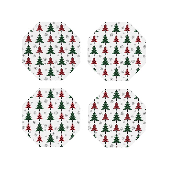 Honeii Buffalo Plaid Christmas Trees print Leather Coaster Set of 4, ideal for safeguarding your furniture from drinks spills and effortless cleanup-Octagon