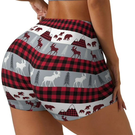 Honeii Buffalo Plaid Forest Print Women's Workout Shorts, Gym Shorts for Active Wear, Sports Shorts,Women's Running Shorts,Quick Dry Athletic Shorts-Large