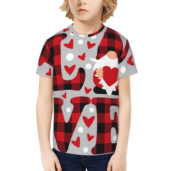 Honeii Buffalo Plaid Love And Gnome Print Kids Boy T-Shirt,Breathable Round Neck Tee,Stylish Summer Tee for Boys, for Outdoor Activities and Casual Wear