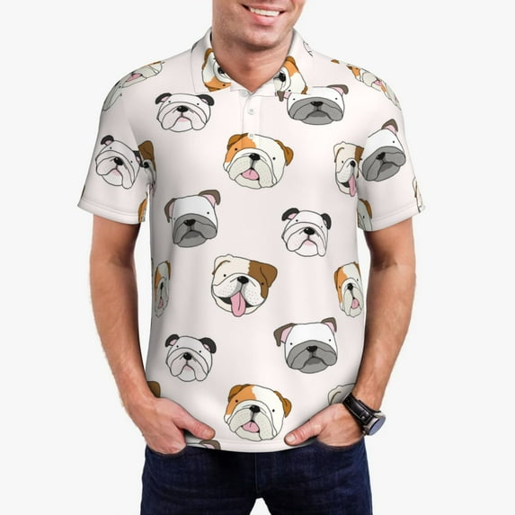 Honeii Bulldog Face print Polo Shirt, a classic short-sleeved, button-down golf shirt designed for menX-Large