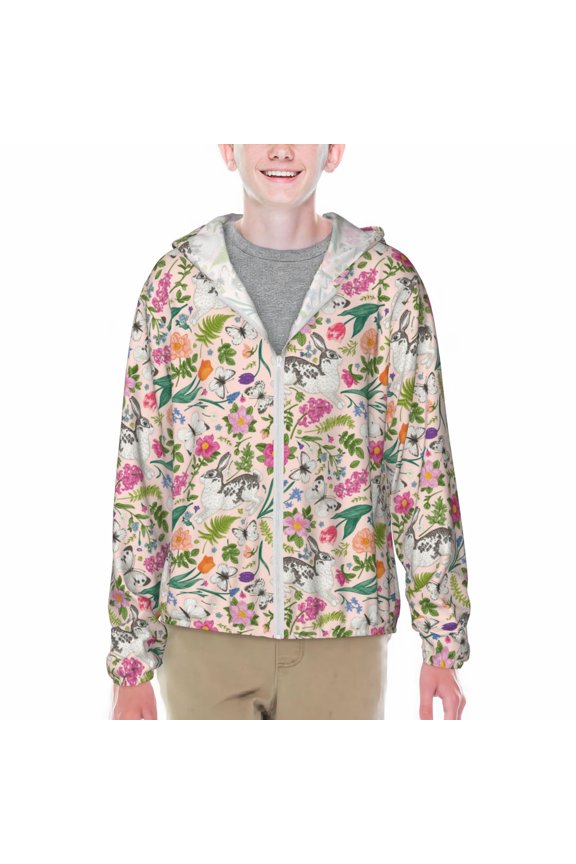 Bunny Floral Print Sun Protection Jacket Hooded Cooling Shirt with Pockets Hiking Outdoor Performance-Small