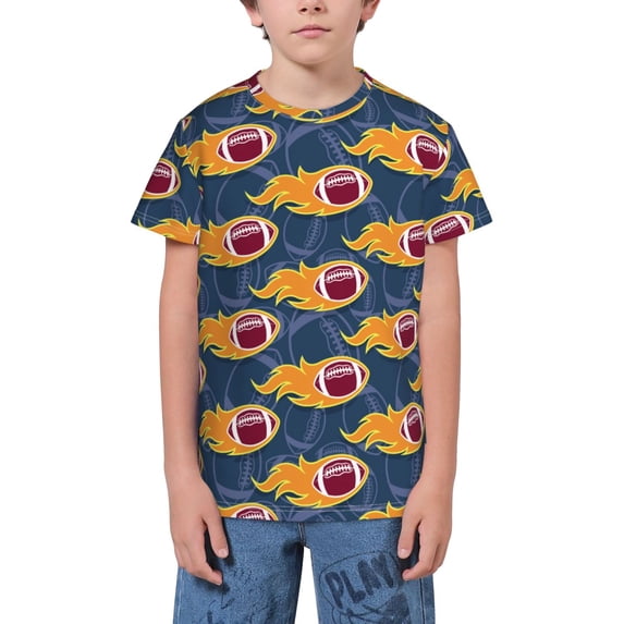 Honeii Burning Rugby Balls Print Youth Short Sleeve T-Shirt,Boys Athletic Shirt,Quick Dry Short Sleeve Performance Moisture Wicking T Shirt