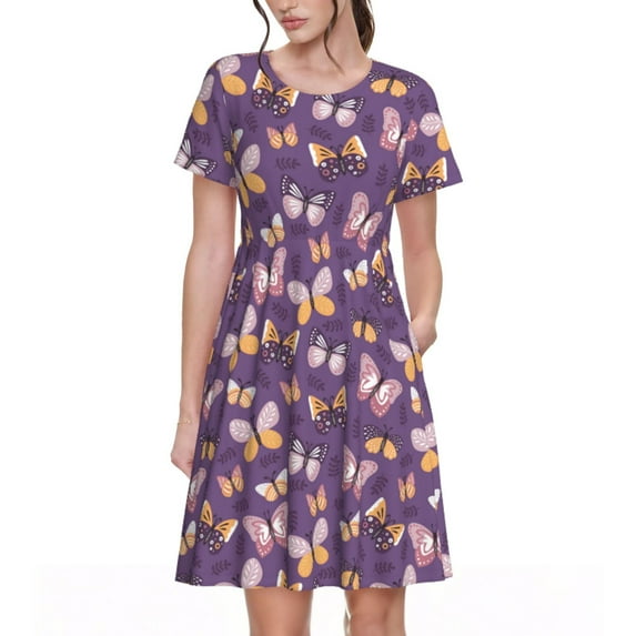 Honeii Butterflies And Floral Print Women’s Short Sleeve Dress, Comfortable Casual Dress, Soft Polyester Spandex Blend, Stylish Everyday Wear for Summer, Perfect for Travel and Vacation