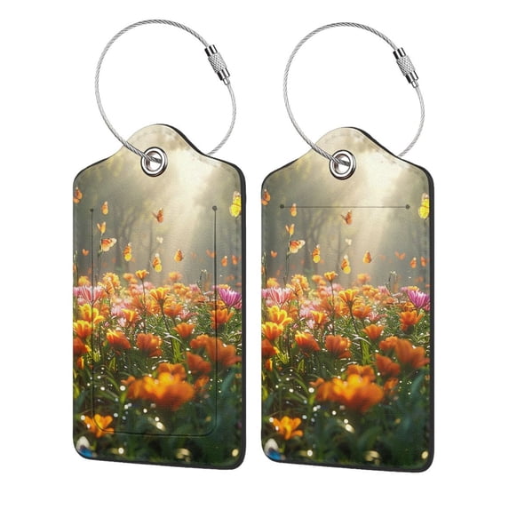 Honeii Butterflies In Flower Field Print Leather Luggage Tag for Suitcases,ID Tags,Bag Tags for Luggage,Functional Travel Tag-2 PCS