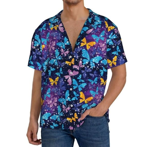 Honeii Butterflies Of The Starry Sky for Men's Short-Sleeved Button-Up Collared Shirt Featuring A Pocket, Perfect for Beach Vacations, And Travel Adventures.-4X-Large