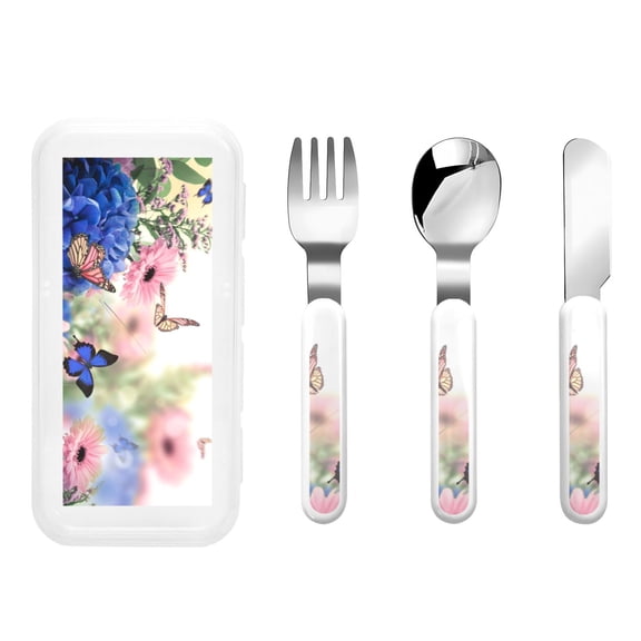 Honeii Butterfly And Flowers Print Children's Knife, Fork And Spoon Set,Reusable Utensils Set with Case,Travel Cutlery Set,for Kids Adults Camping