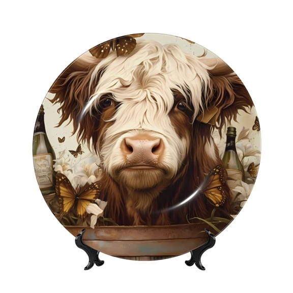 Honeii Butterfly Cow Barrel Print Elegant Bone China Decorative Plate, Porcelain Plate,Art Crafts,Ceramic Ornaments for Home Office Wall Decor-6in