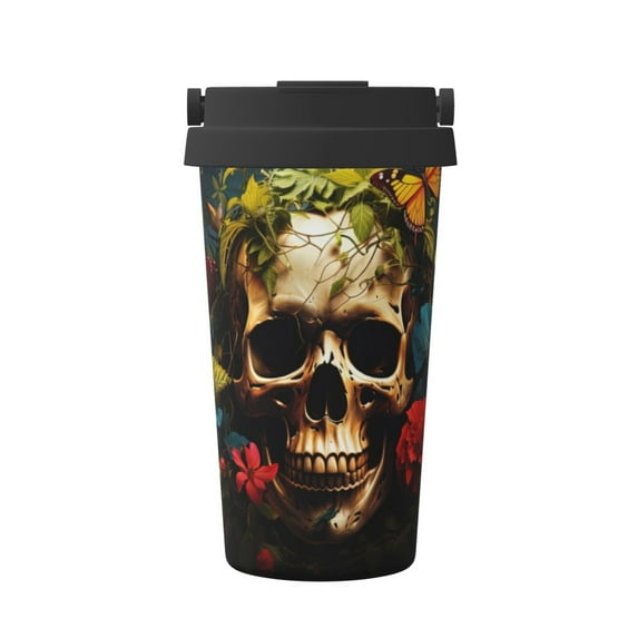 Honeii Butterfly Flower Plant Skull Print Travel Coffee Mug Insulated Coffee Cup with Leakproof Lid, Coffee Tumbler, Reusable Coffee Cups with Seal Lid