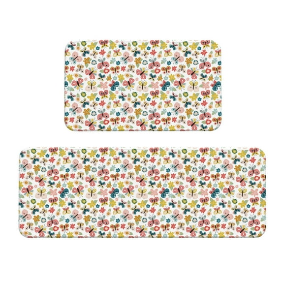 Honeii Butterfly Flowers Print Kitchen Mat [2 PCS] for Floor, Waterproof Non-Slip Rugs, Kitchen Decor,Standing Mat for Floor,Office, Sink, Laundry