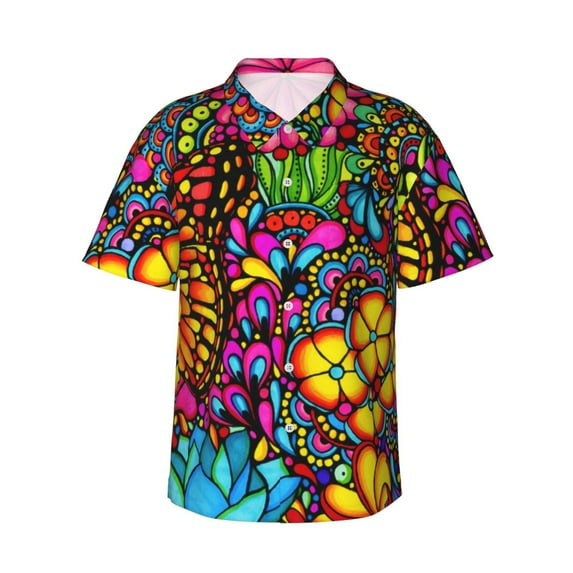 Honeii Butterfly Garden Print Men’s Hawaiian Shirt,Classic Button-Down Short Sleeve Shirt, for Beach, Vacation, and Outdoor Activities,Medium