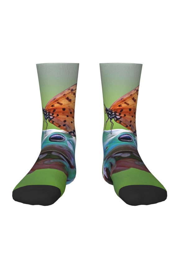 Butterfly Landing On Head Dumpy Frog Print Children's Colorful Socks,Unisex Kids and Toddlers' Cushioned Sock,Kids Athletic Crew Socks,for Everyday Wear and Sports
