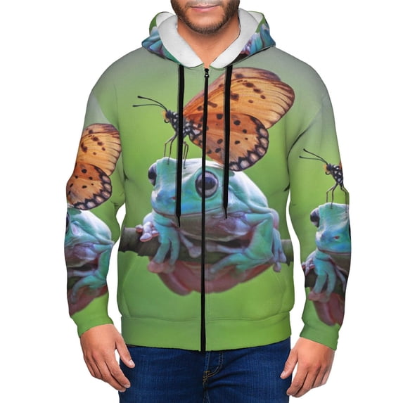 Honeii Butterfly Landing On Head Dumpy Frog Print Hoodies for Men, Pullover & Full Zip, Breathable Zip up Hoodie, Sweatshirt-Small