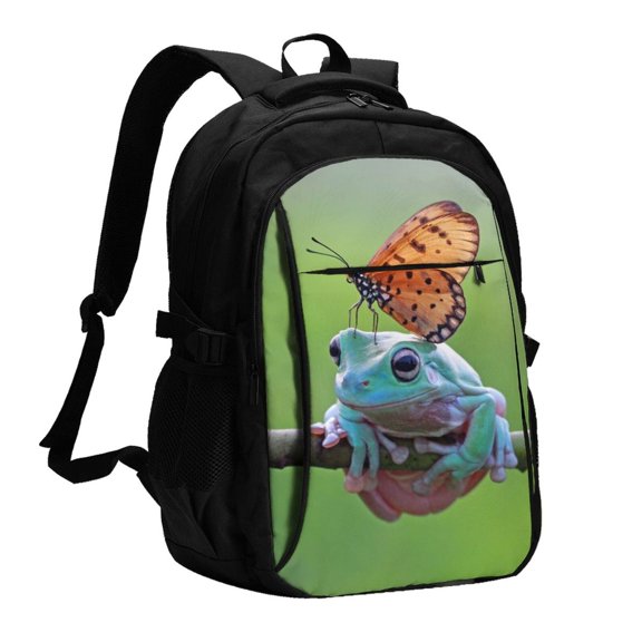 Honeii Butterfly Landing On Head Dumpy Frog for Travel Laptop Backpack, Business Laptops Backpack with USB Charging Port, College High School Computer Bag for Men Women