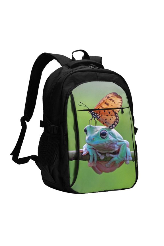 Butterfly Landing On Head Dumpy Frog for Travel Laptop Backpack, Business Laptops Backpack with USB Charging Port, College High School Computer Bag for Men Women