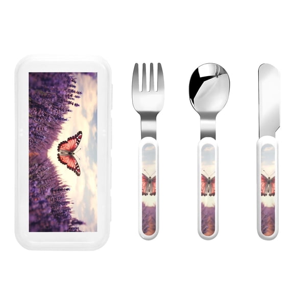 Honeii Butterfly Over Lavender Print Children's Knife, Fork And Spoon Set,Reusable Utensils Set with Case,Travel Cutlery Set,for Kids Adults Camping