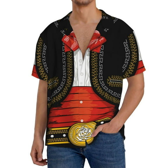 Honeii CHARRO SUIT for Men's Short-Sleeved Button-Up Collared Shirt Featuring A Pocket, Perfect for Beach Vacations, And Travel Adventures.-Small