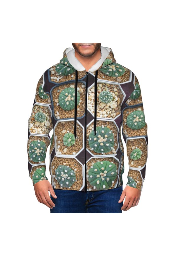 Cactus Garden Print Hoodies for Men, Pullover & Full Zip, Breathable Zip up Hoodie, Sweatshirt-Medium