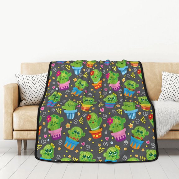 Honeii Cactus In Pots for Throw Blanket for Couch - Thick Blanket, Soft Fuzzy Plush Throw Blanket for All Seasons, Double Sided Blanket,50x60 In