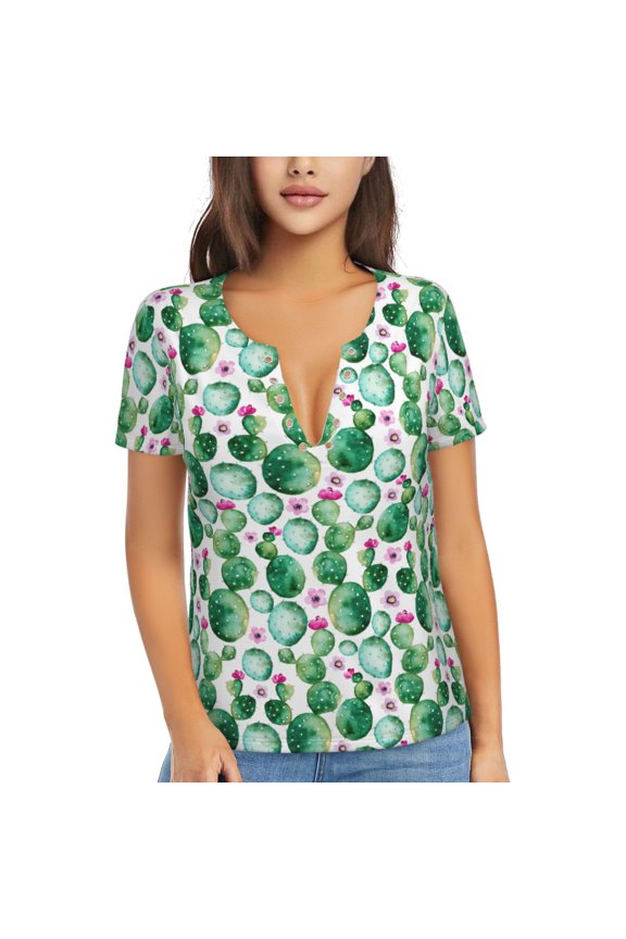 Cactus Plants Print Women's V-Neck T-Shirt,Short Sleeve V Neck Tees Tops for Women , Perfect for Work, Travel, and Everyday Wear