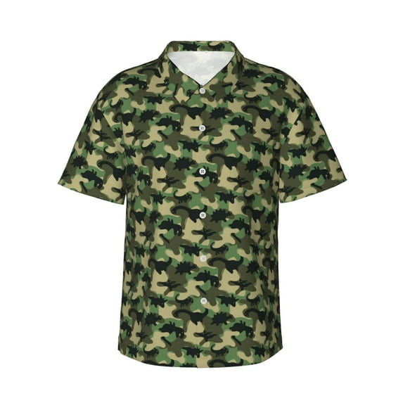 Honeii Camouflage Dinosaur Print Men’s Hawaiian Shirt,Classic Button-Down Short Sleeve Shirt, for Beach, Vacation, and Outdoor Activities,Medium