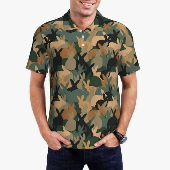 Honeii Camouflage Rabbit print Polo Shirt, a classic short-sleeved, button-down golf shirt designed for men3X-Large