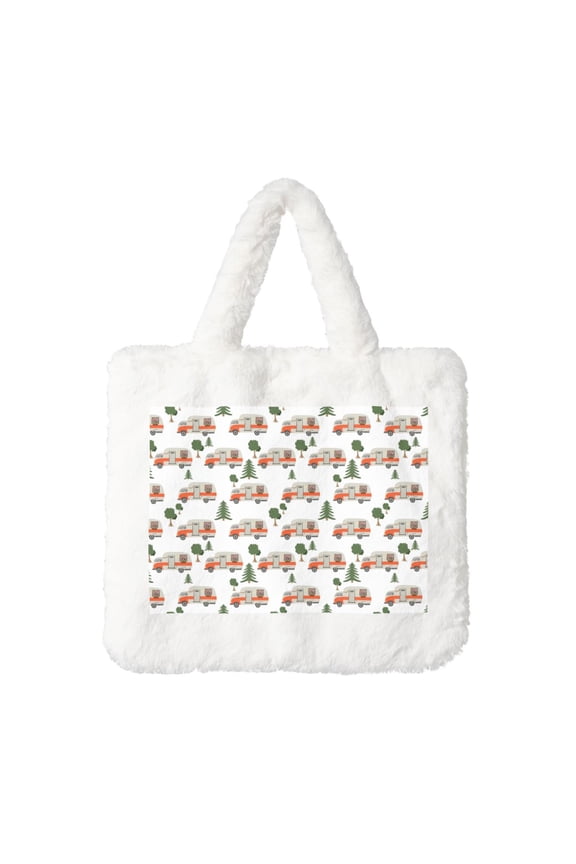 Camp Van Print Fluffy Shoulder Bag Plush Bags Women Ladies Tote Bag Fluffy Furry Purse Handbag for Autumn and Winter