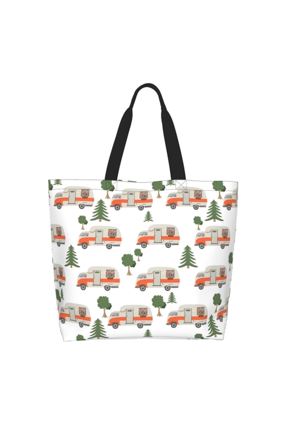 Camp Van Print Tote Bag for Women, Foldable Tote Bag Large Shoulder Bag Top Handle Handbag for Travel, Work