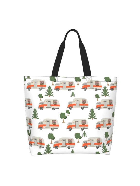 Camp Van Print Tote Bag for Women, Foldable Tote Bag Large Shoulder Bag Top Handle Handbag for Travel, Work