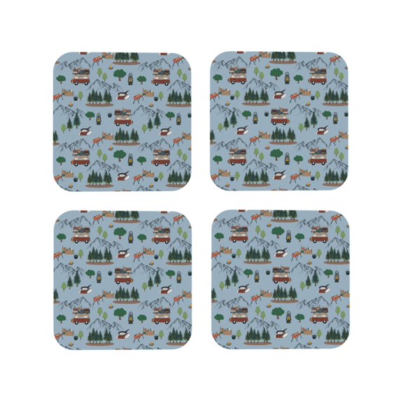 Honeii Camping Caravan print Leather Coaster Set of 4, ideal for safeguarding your furniture from drinks spills and effortless cleanup-Square