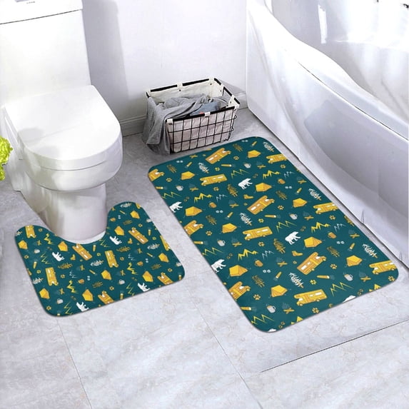 Honeii Camping Pattern Bathroom Anti-Skid Pad Bathroom Mat Vintage Seamless Pattern Not-Slip Toilet Rug Set