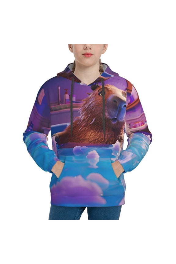Capybara Bathtub Fun Pattern Long-Sleeve Hooded Sweatshirt Pullover Hoodie for Boys and Grils-Small