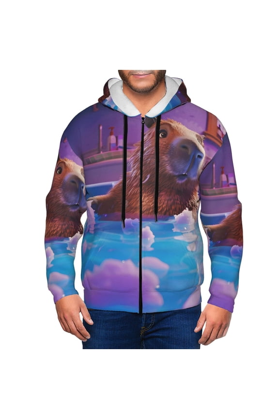 Capybara Bathtub Fun Print Hoodies for Men, Pullover & Full Zip, Breathable Zip up Hoodie, Sweatshirt-Large