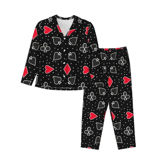 Honeii Card Suits print Women's Pajama Sets Long Sleeve Button Down Sleepwear Nightwear Soft Pjs Lounge Sets-Medium