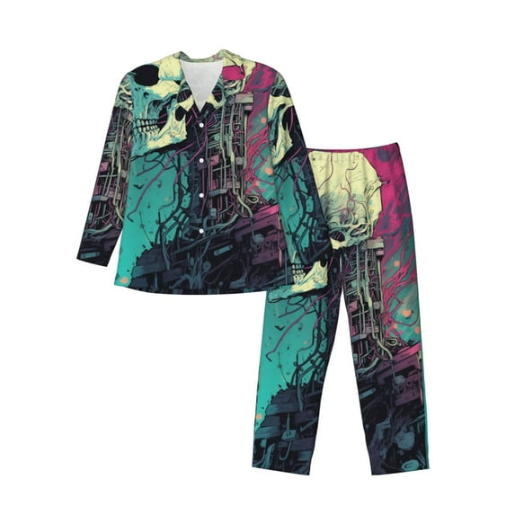 Honeii Cartoon Art Skull Pattern Mens Pajamas Set,2pcs Men's Lounge Long Sleeve Sleep Shirt and Pajama Bottoms Sleepwear Set,Mens Pjs Sets-XX-Large