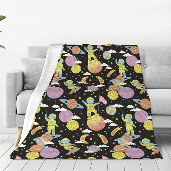 Honeii Cartoon Astronaut In Spacesuit Print Fleece Blanket - Throw Blanket for Bed, Sofa, Couch, Camping, and Travel , Microplush Ultra Soft Warm Blanket-80"x60"