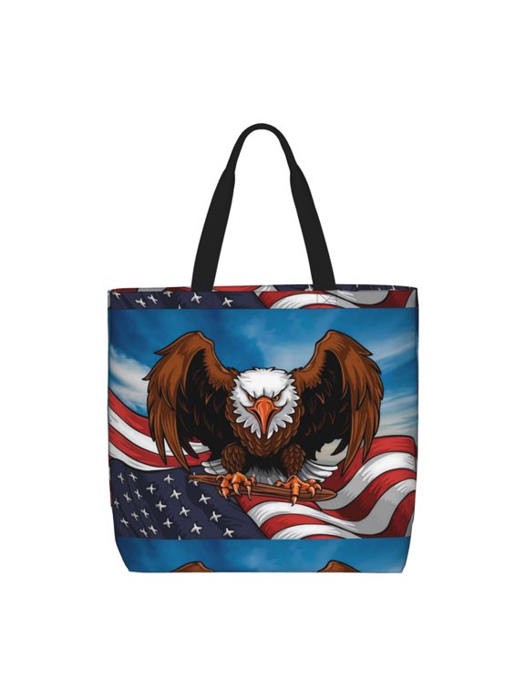 Cartoon Bald Eagle USA Print Tote Bag, Reusable Grocery Shopping Bag,Shoulder Bag with Inner Pocket