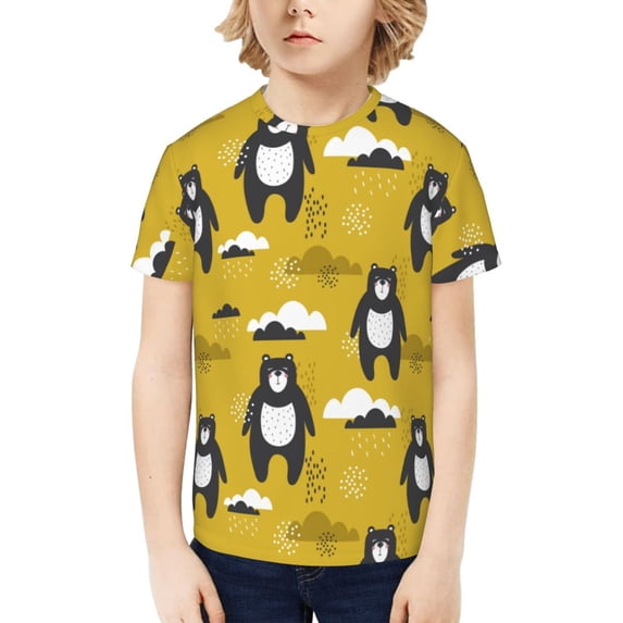 Honeii Cartoon Bear Yellow Print Kids Boy T-Shirt,Breathable Round Neck Tee,Stylish Summer Tee for Boys, for Outdoor Activities and Casual Wear