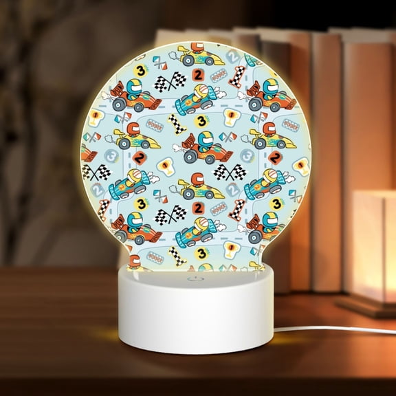 Honeii Cartoon Car Racing Print Acrylic LED Night Lamp,Round Touch-Control Night Light with 3 Lighting Modes,for Bedrooms, Living Rooms, and Gifting