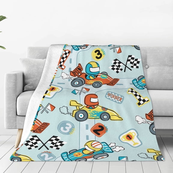 Honeii Cartoon Car Racing Print Fleece Blanket - Throw Blanket for Bed, Sofa, Couch, Camping, and Travel , Microplush Ultra Soft Warm Blanket-