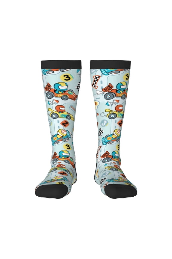 Cartoon Car Racing Print Long Socks,Novelty Design Socks Gift for Men and Women,Crew Socks,Calf Socks