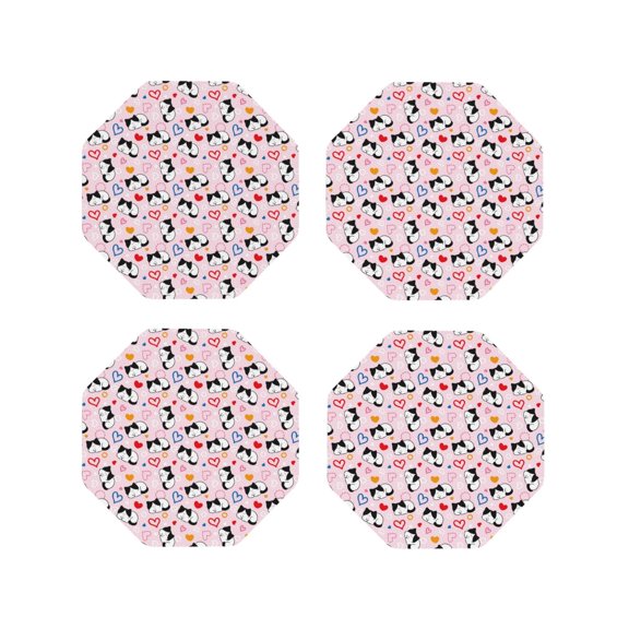 Honeii Cartoon Cat And Heart Print Leather Coaster Set of 4, Ideal for Safeguarding Your Furniture from Drinks Spills and Effortless Cleanup-Octagon