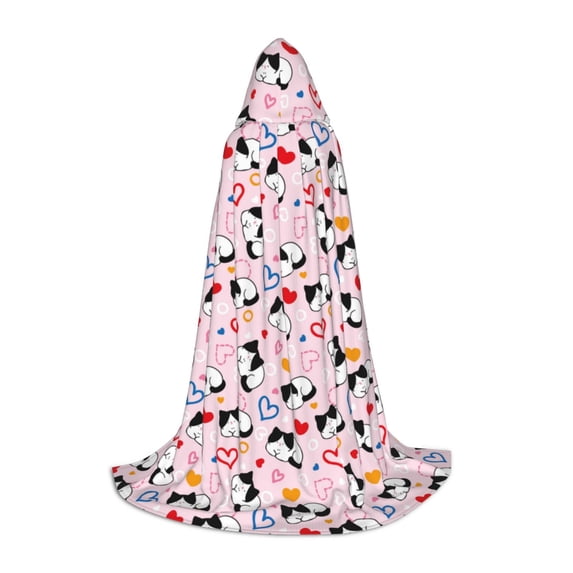 Honeii Cartoon Cat And Heart Print Poncho Cape, Cloak Coat, Snuggly Hooded Wearable Blanket, Hooded Cape For Teenagers,Halloween Costumes-Small