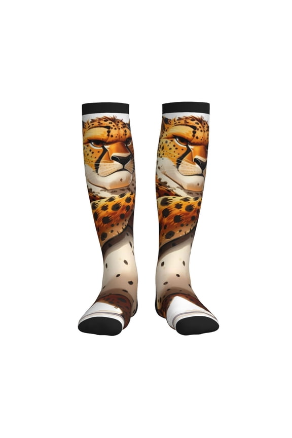 Cartoon Cheetah With Attitude Print Sports Compression Socks,Running Crew Socks,Moisture-Wicking Anti-Blister Hiking&Gym Athletic