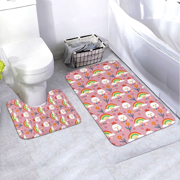 Honeii Cartoon Chicken Pattern Bathroom Anti-Skid Pad Bathroom Mat Vintage Seamless Pattern Not-Slip Toilet Rug Set