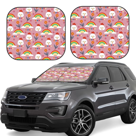 Honeii Cartoon Chicken Print Foldable Car Sun Shade for Windshield, 2-Piece UV Protection Shade, Protects Car Interior, Ideal for Cars, Trucks, SUVs-Small