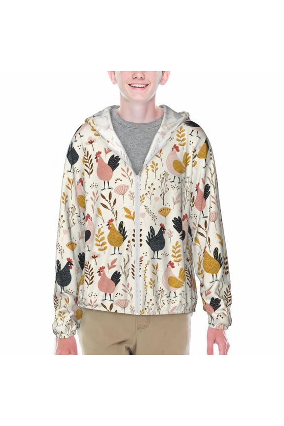 Cartoon Chickens Print Sun Protection Jacket Hooded Cooling Shirt with Pockets Hiking Outdoor Performance-Small
