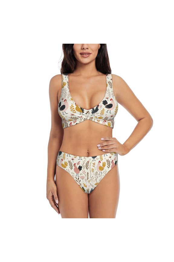 Cartoon Chickens Print Women’s Bikini Set,Two Piece Swimsuit Bathing Suits,Stylish High Elasticity Swimwear for Beach and Pool