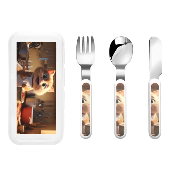 Honeii Cartoon Cooking Cat Print Children's Knife, Fork And Spoon Set,Reusable Utensils Set with Case,Travel Cutlery Set,for Kids Adults Camping