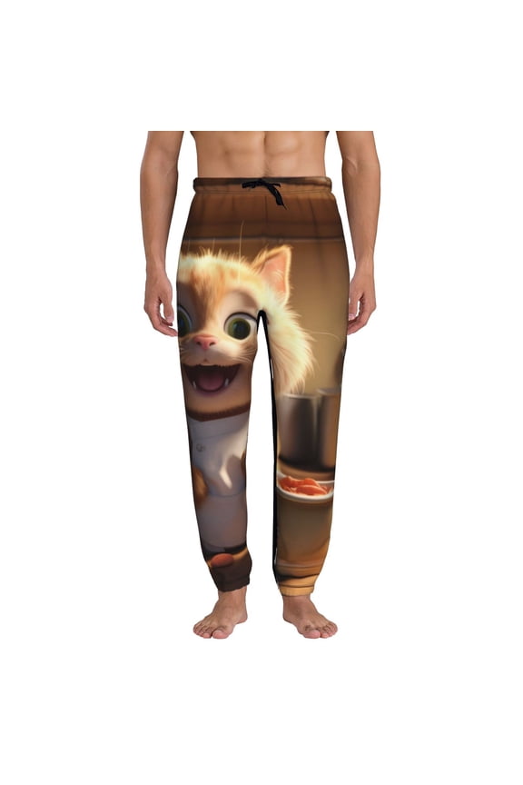 Cartoon Cooking Cat Print Mens Jogger Sweatpants, Men's Lounge Pants with Pockets-